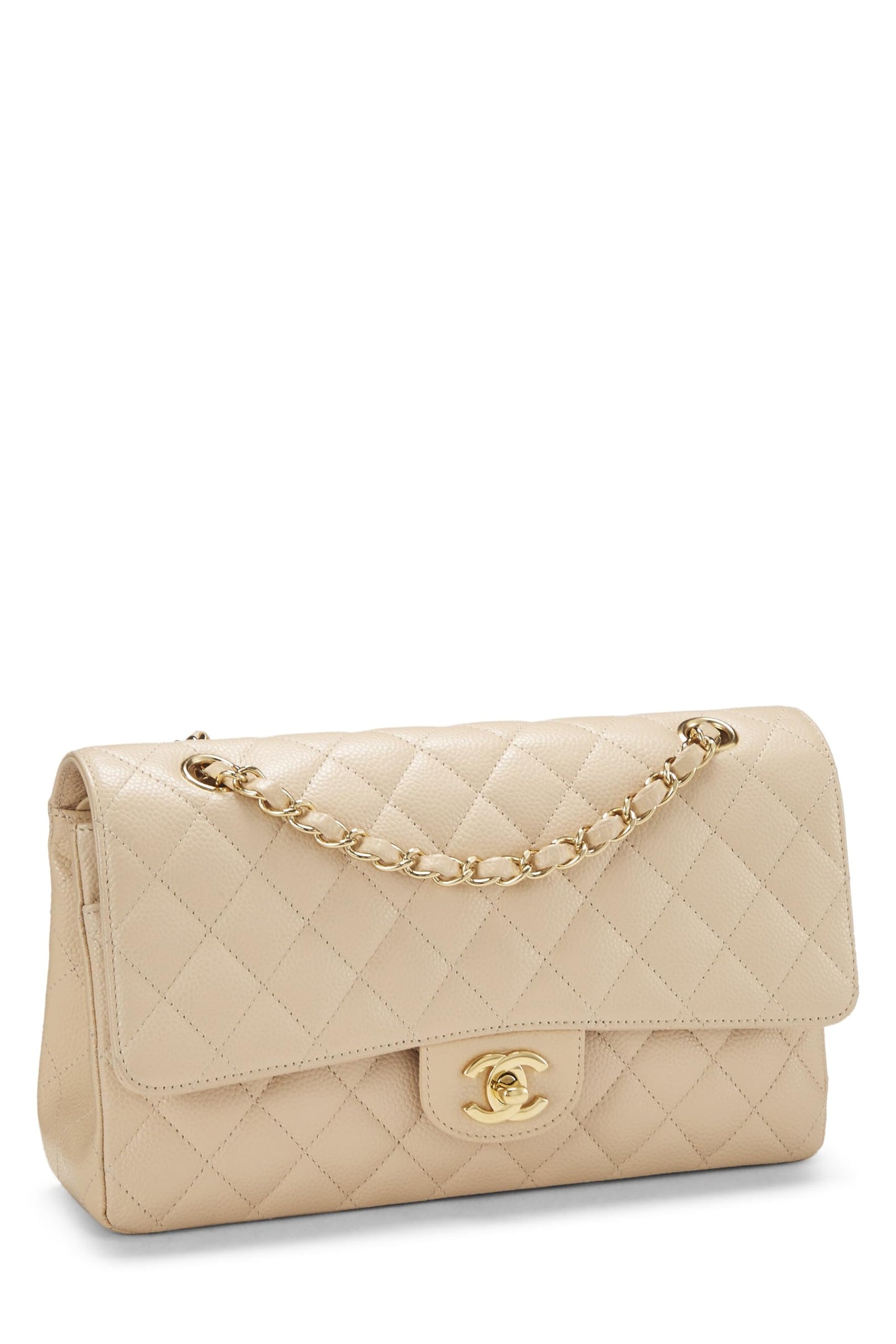 Chanel, sac à rabat double classique matelassé beige caviar d'occasion, taille M, beige