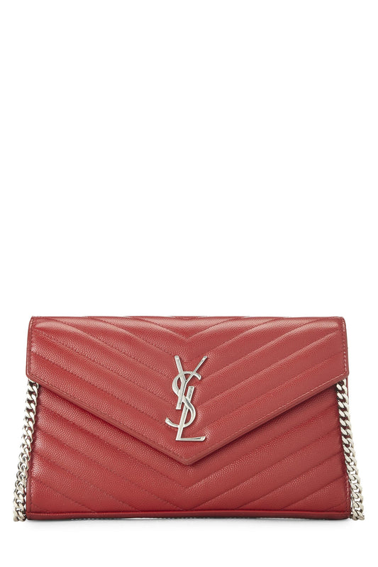 Yves Saint Laurent, Pre-Loved Red Grainy Leather Monogram Wallet on Chain (WOC), Red