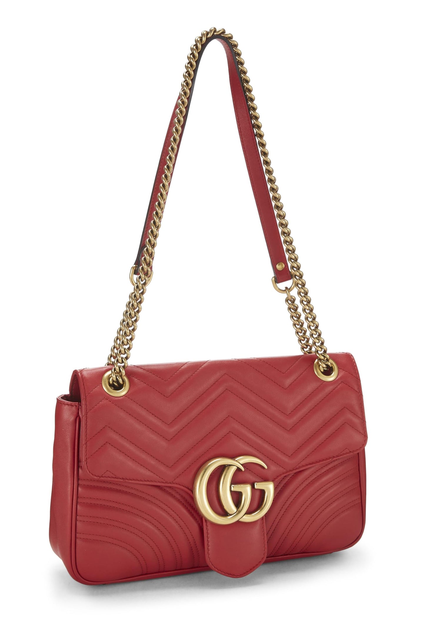 Gucci, Pre-Loved Red Leather GG Marmont Matelassé Shoulder Bag, Red