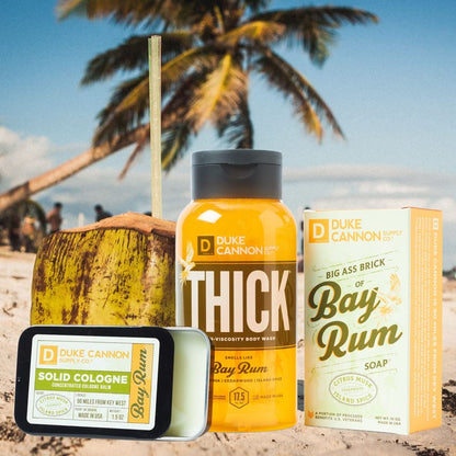 Duke Cannon Supply Co. Bay Rum Bender Bundle for Men (Citrus Musk, Cedarwood, Island Spice Scent) - Featuring THICK High-Viscosity Body Wash, Big Brick of Soap Bar & Solid Cologne (3 Piece Set)