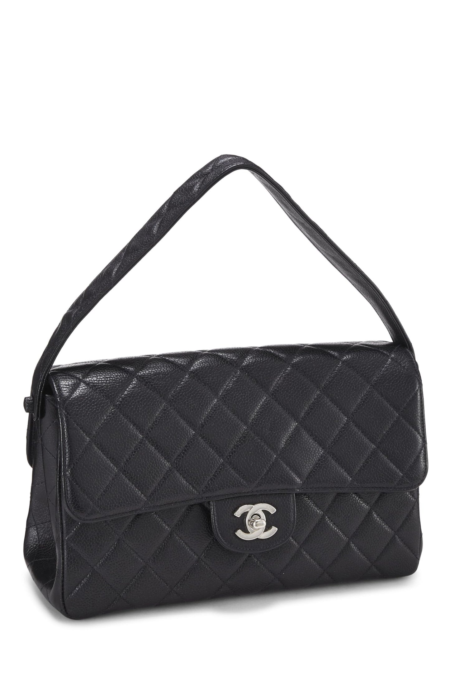 Chanel, Pre-Loved Caviar acolchado negro con solapa clásica de doble cara, mediano, negro