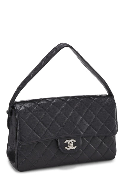 Chanel, sac à rabat classique double face matelassé noir caviar d'occasion de taille moyenne, noir