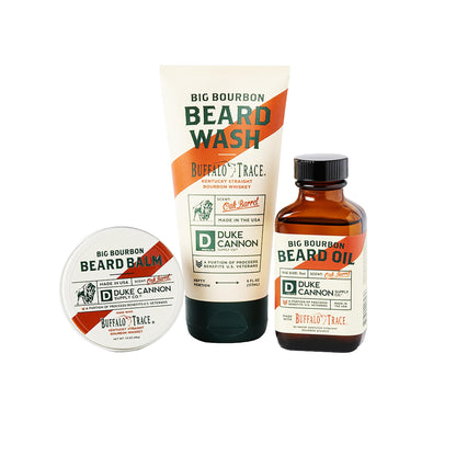 Colección de regalo Big Bourbon Beard Care de Duke Cannon Supply Co. (juego de 3 piezas): gel de baño para barba, bálsamo para barba y aceite para barba de primera calidad para hombres (aroma a barril de roble)