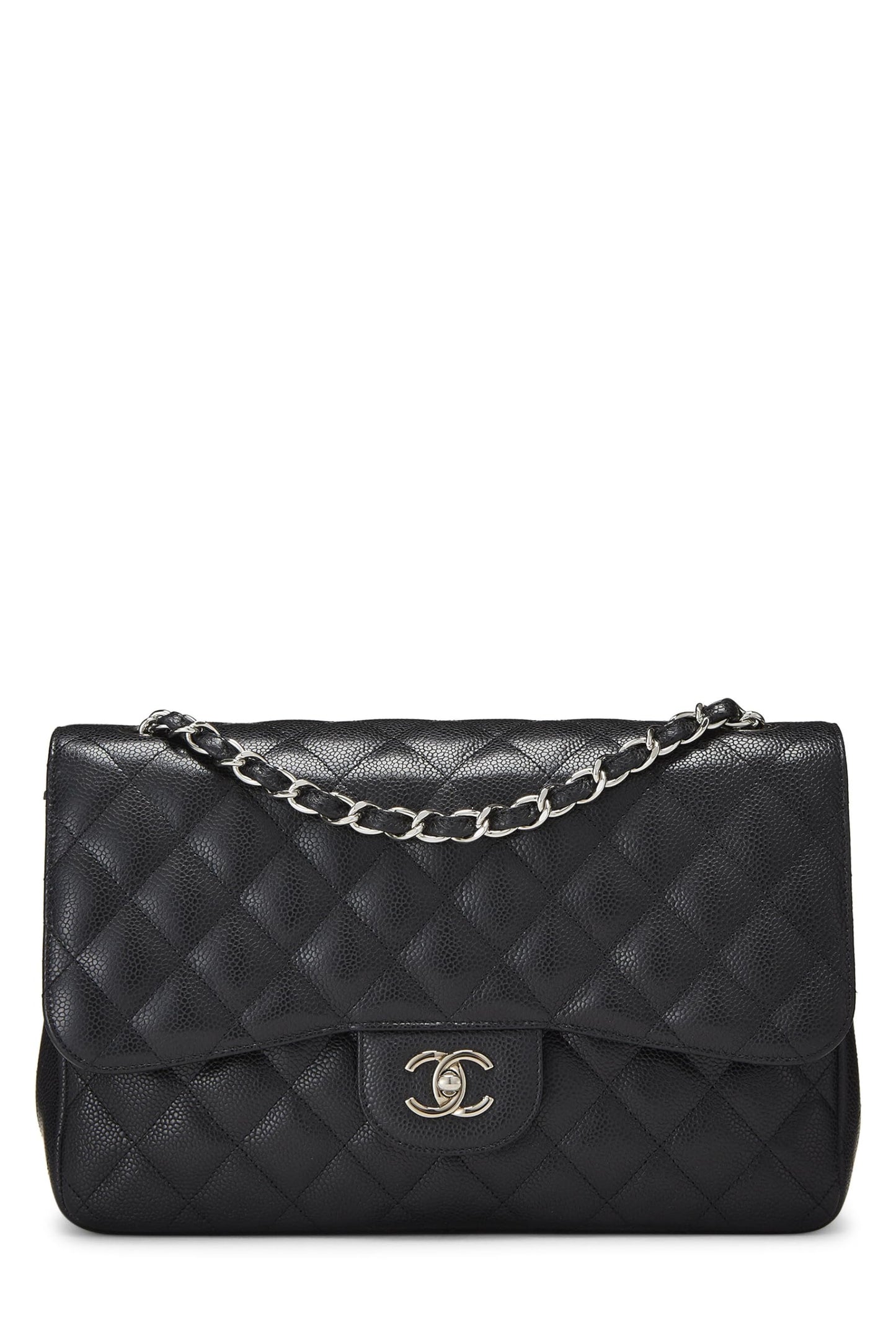 Chanel, Caviar acolchado negro Pre-Loved New Classic Jumbo con doble solapa, Negro