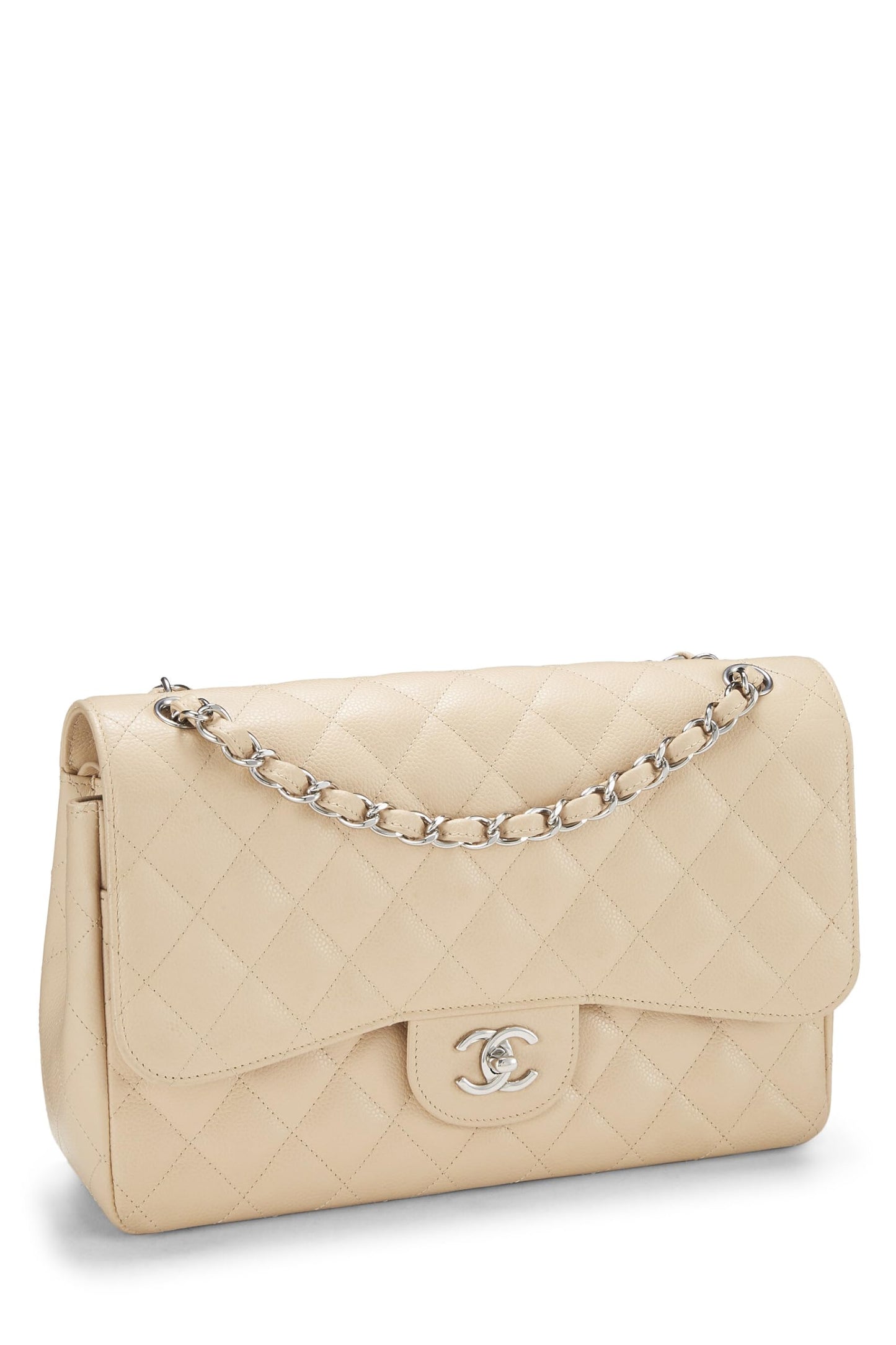 Chanel, Caviar acolchado beige Pre-Loved New Classic Jumbo con doble solapa, Beige