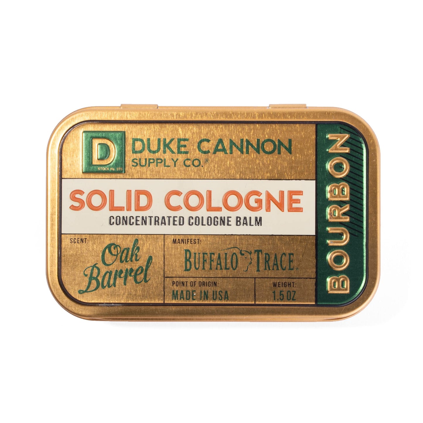 Colonia sólida para hombres Duke Cannon - Bourbon | Bálsamo de colonia concentrado | Elaborado con ingredientes naturales y orgánicos | Aroma a barrica de roble amaderado | Lata apta para viajes | 1,5 oz