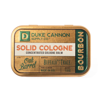 Colonia sólida para hombres Duke Cannon - Bourbon | Bálsamo de colonia concentrado | Elaborado con ingredientes naturales y orgánicos | Aroma a barrica de roble amaderado | Lata apta para viajes | 1,5 oz