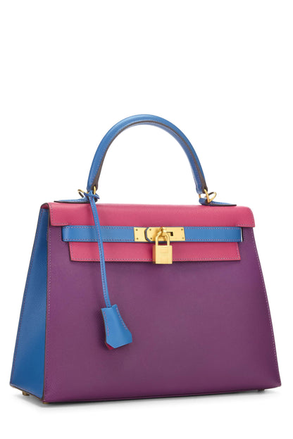 Hermès, Pre-Loved Anemone, Rose Tyrien & Blue France Tricolor Epsom Special Order Kelly Sellier 28, Multi