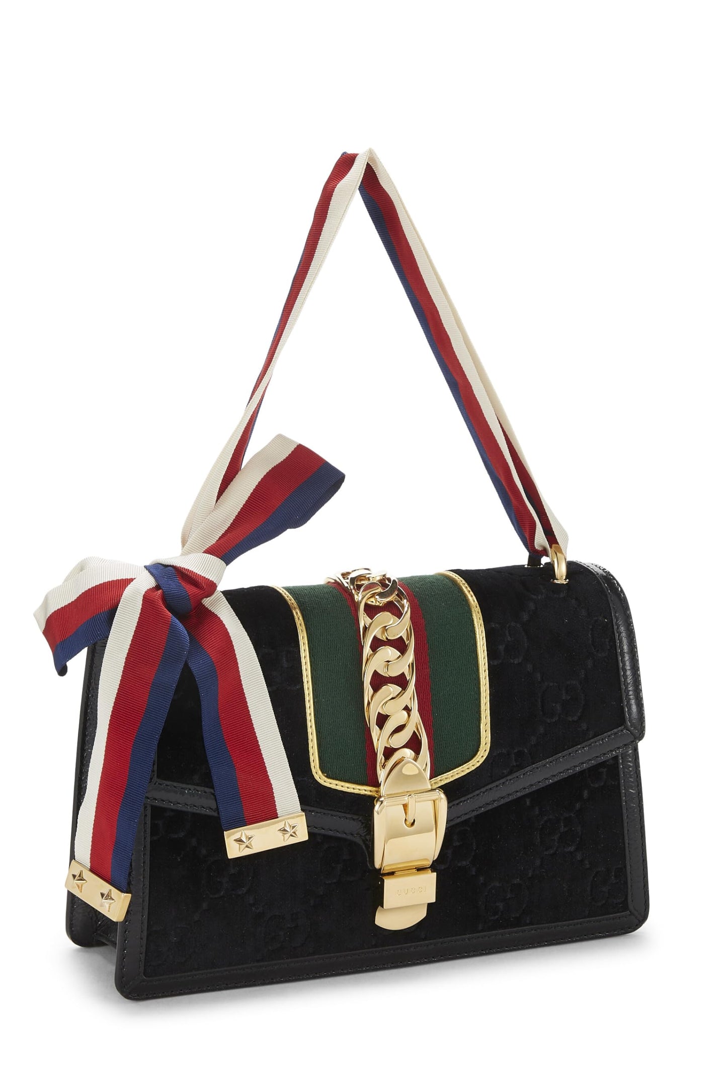 Gucci, sac à bandoulière Sylvie en velours noir GG d'occasion, noir