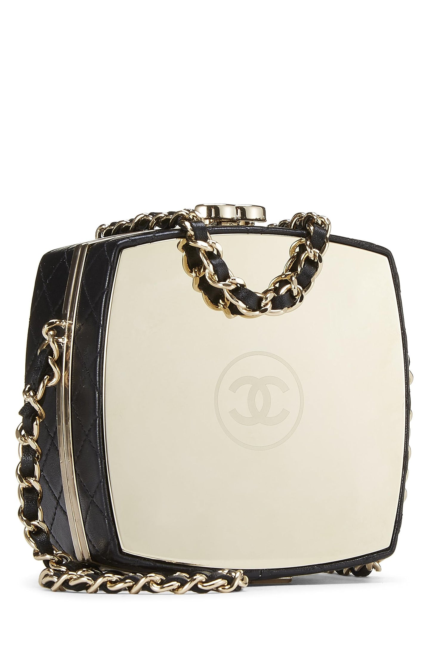 Chanel, Clutch con cadena en polvo de piel de cordero negra Pre-Loved, Negro