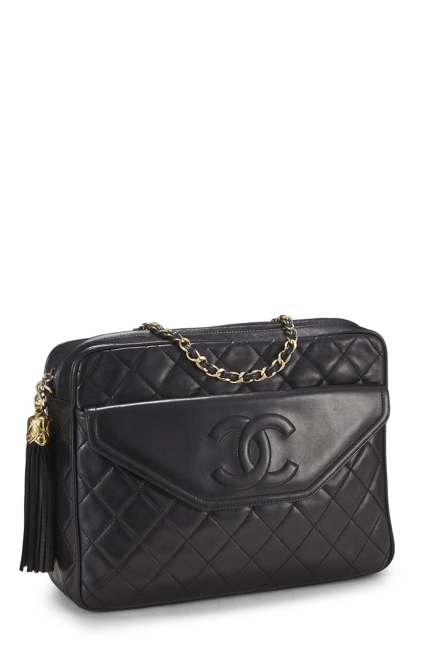 Chanel, sac à main de poche en cuir d'agneau matelassé noir, grand modèle, d'occasion