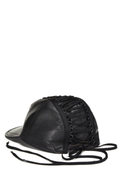 Dior, Pre-Loved Black Leather Lace-up Cap, Black