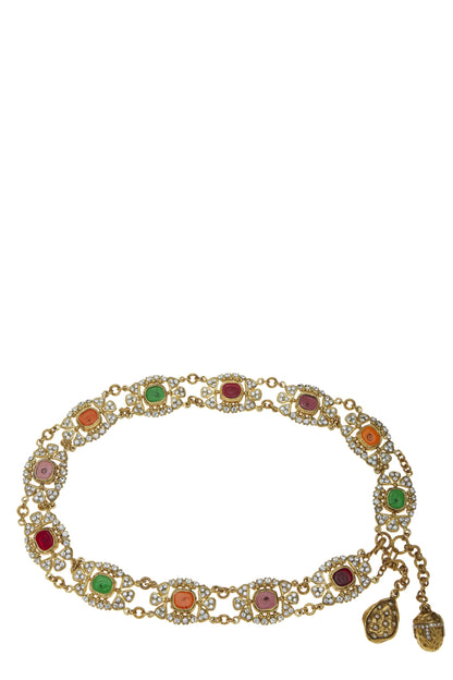 Chanel, Ceinture en chaîne avec cristaux Gripoix dorés et multicolores d'occasion, multicolore