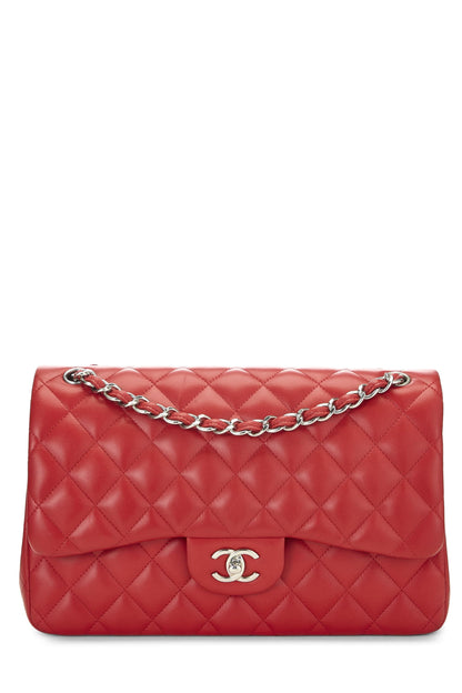 Chanel, Pre-Loved Red Quilted Lambskin New Classic Double Flap Jumbo, Red