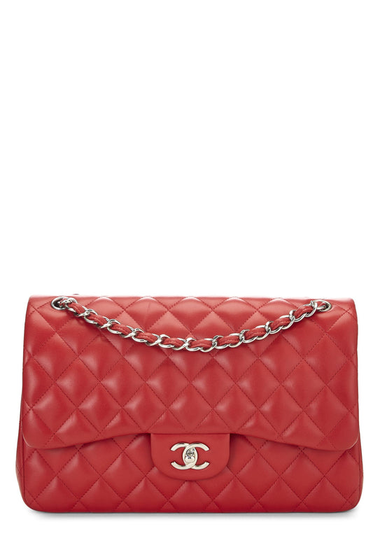 Chanel, sac à main jumbo à double rabat en cuir d'agneau matelassé rouge d'occasion, rouge