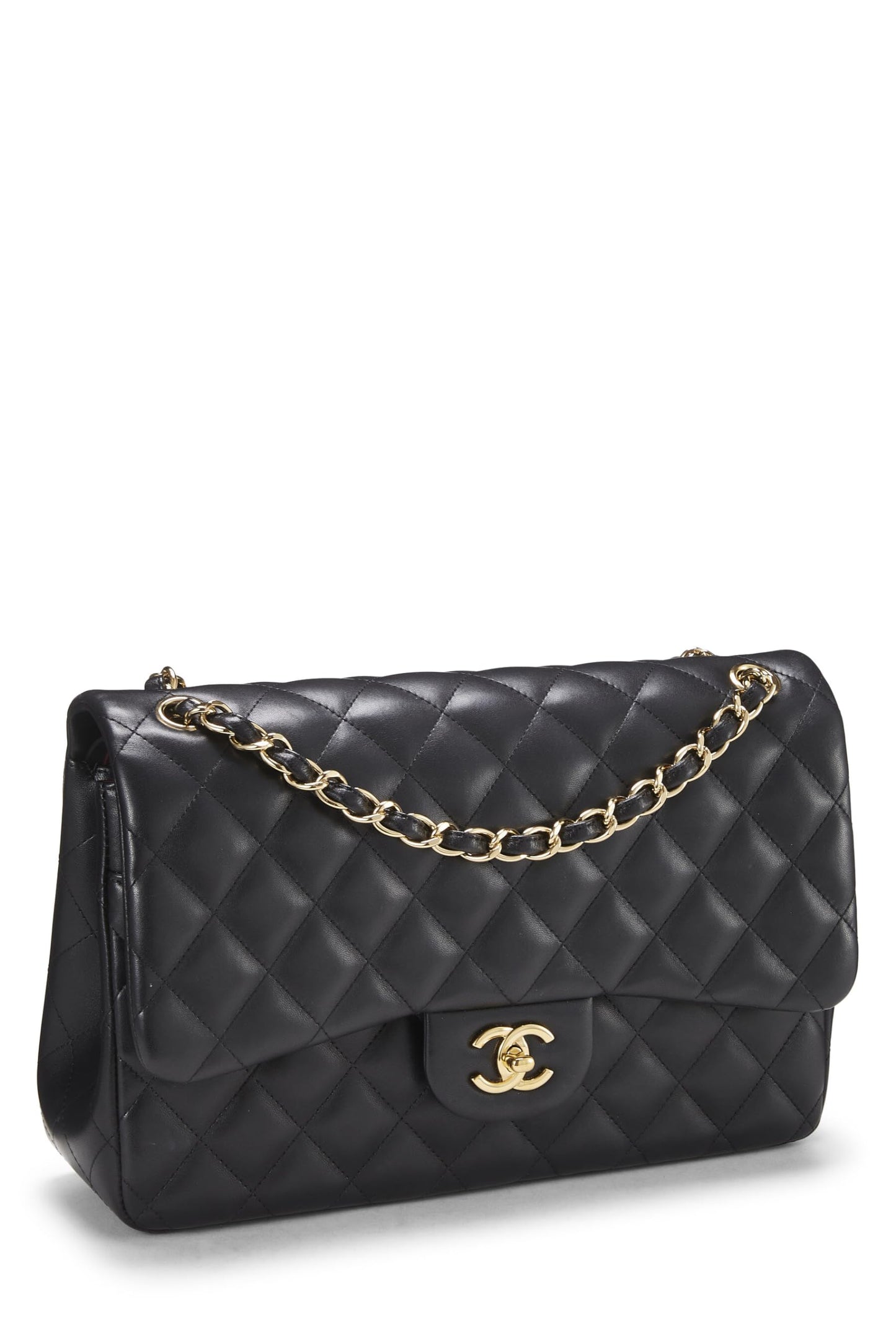 Chanel, Piel de cordero acolchada negra Pre-Loved New Classic Jumbo con doble solapa, Negro