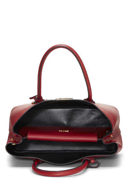 Prada, sac double moyen en saffiano rouge d'occasion, rouge