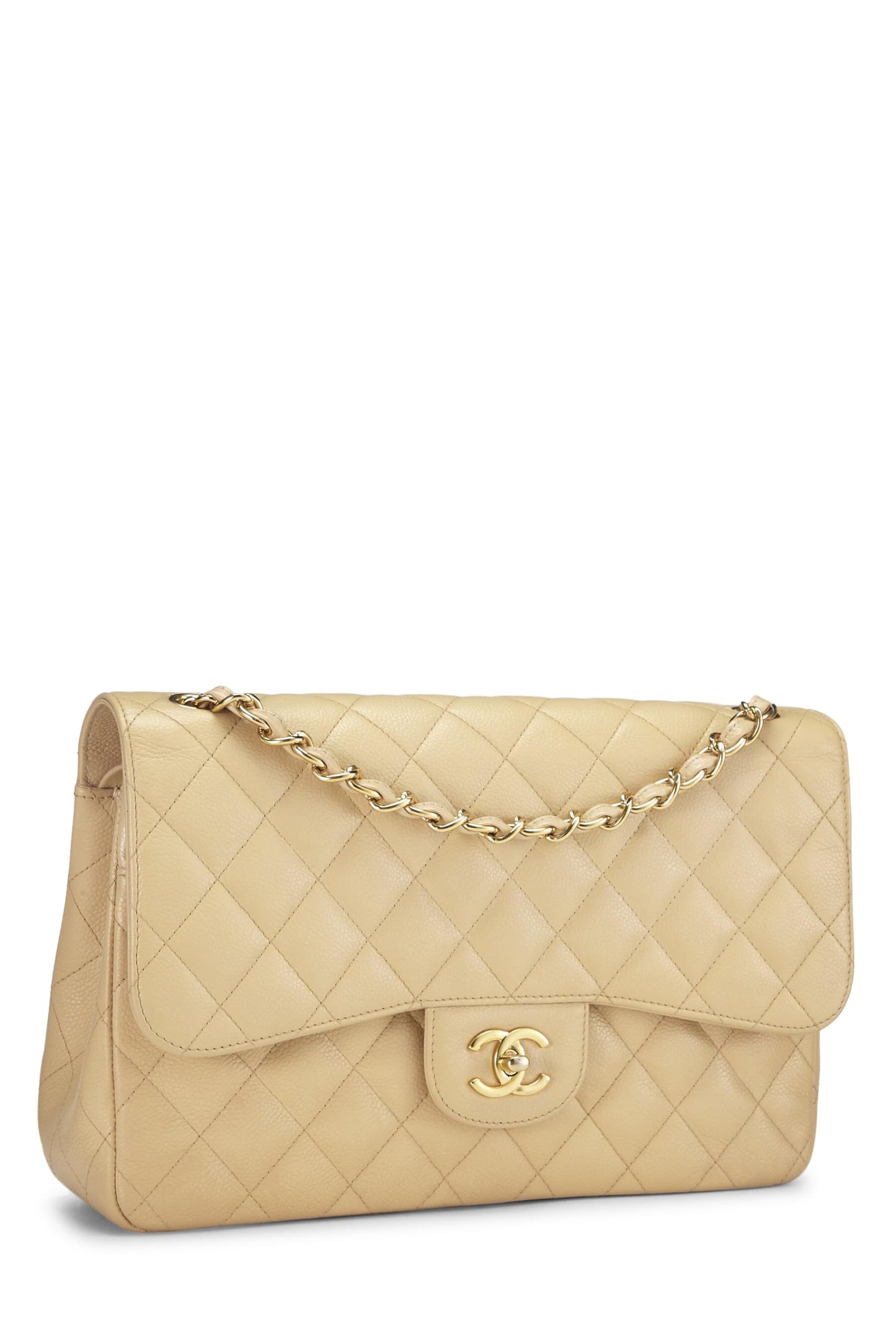 Chanel, Caviar acolchado beige Pre-Loved New Classic Jumbo con doble solapa, Beige