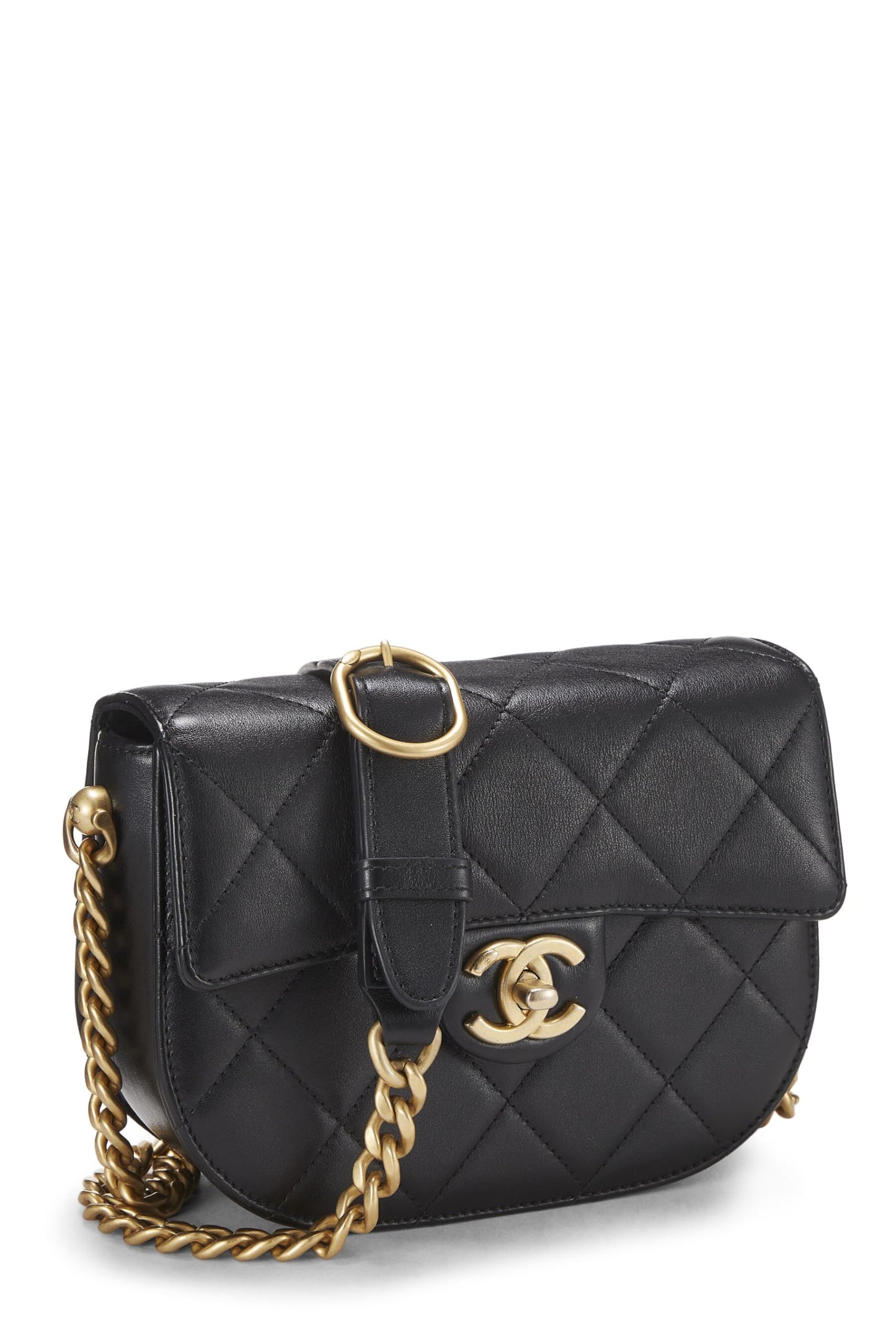 Chanel, Mini sac messager Moon Flap en cuir de veau noir d'occasion, noir