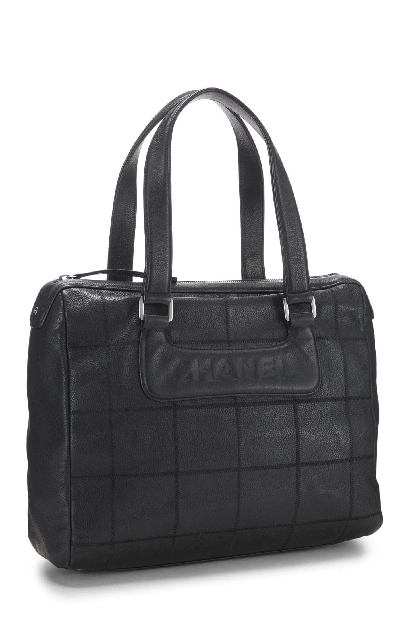 Chanel, sac fourre-tout en cuir de veau noir avec barre de chocolat d'occasion, noir