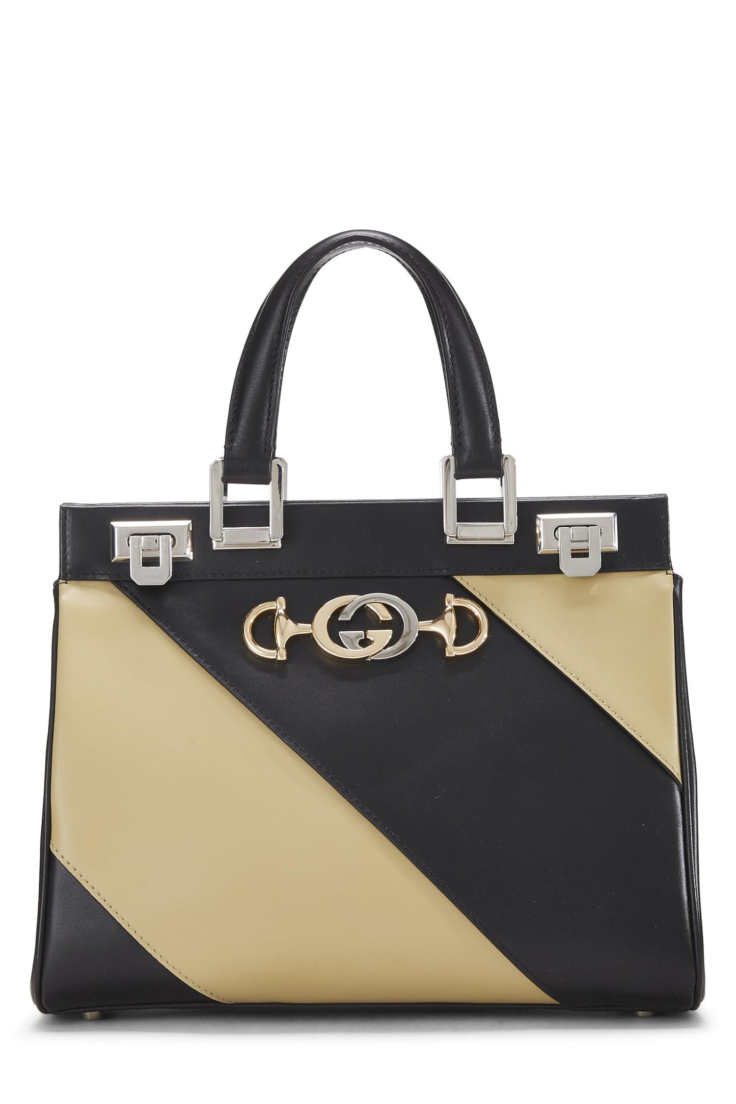 Gucci, sac à main Zumi en cuir noir et beige d'occasion, petit modèle, multicolore