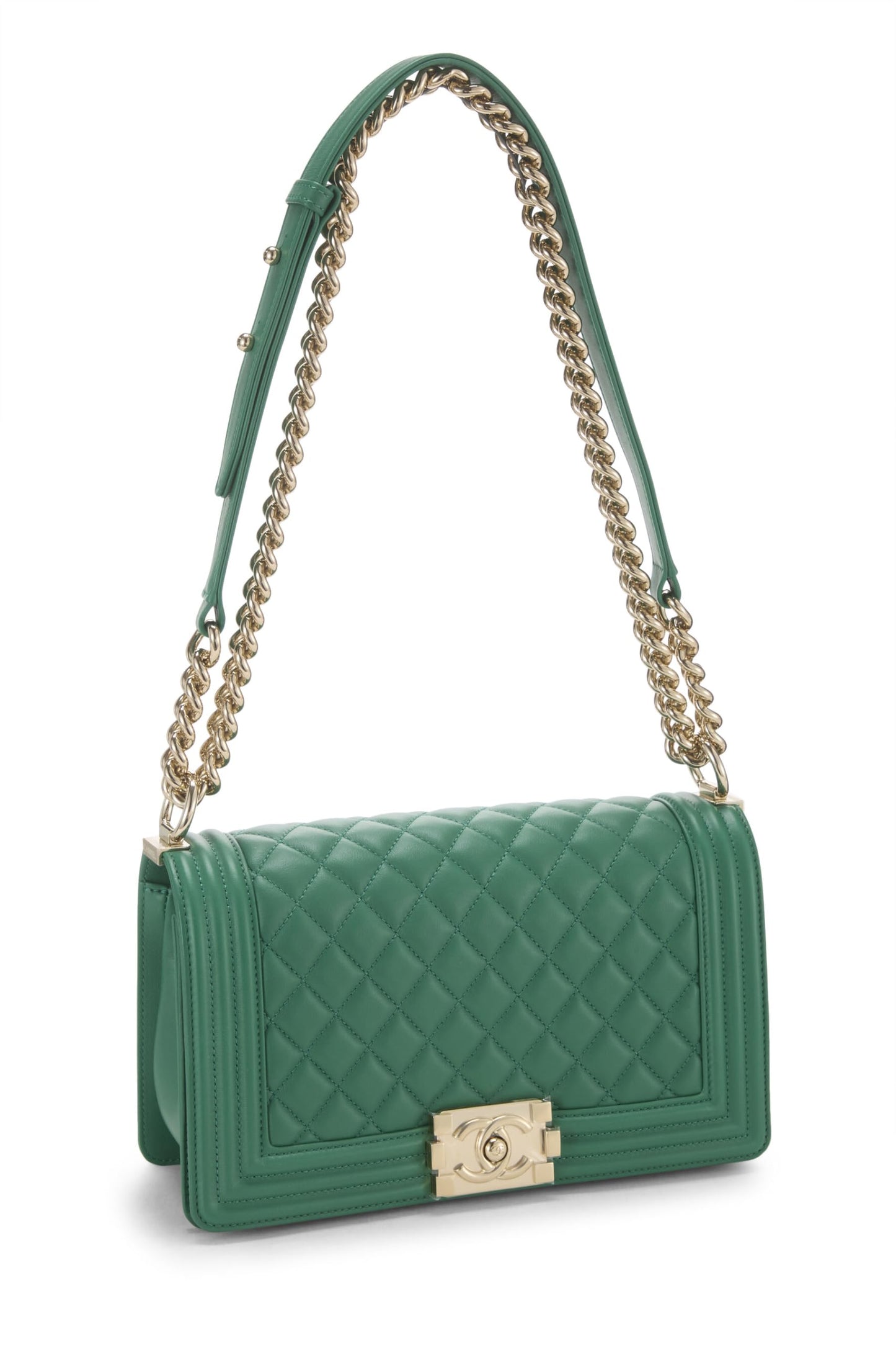 Chanel, sac Boy en cuir d'agneau matelassé vert, taille moyenne, d'occasion