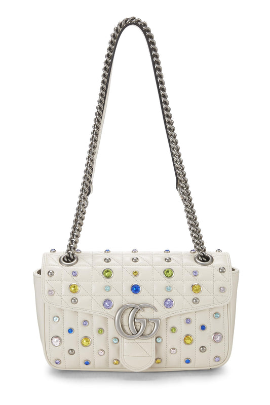 Gucci, Pre-Loved White Leather Crystal Embellished GG Marmont Shoulder Bag, White