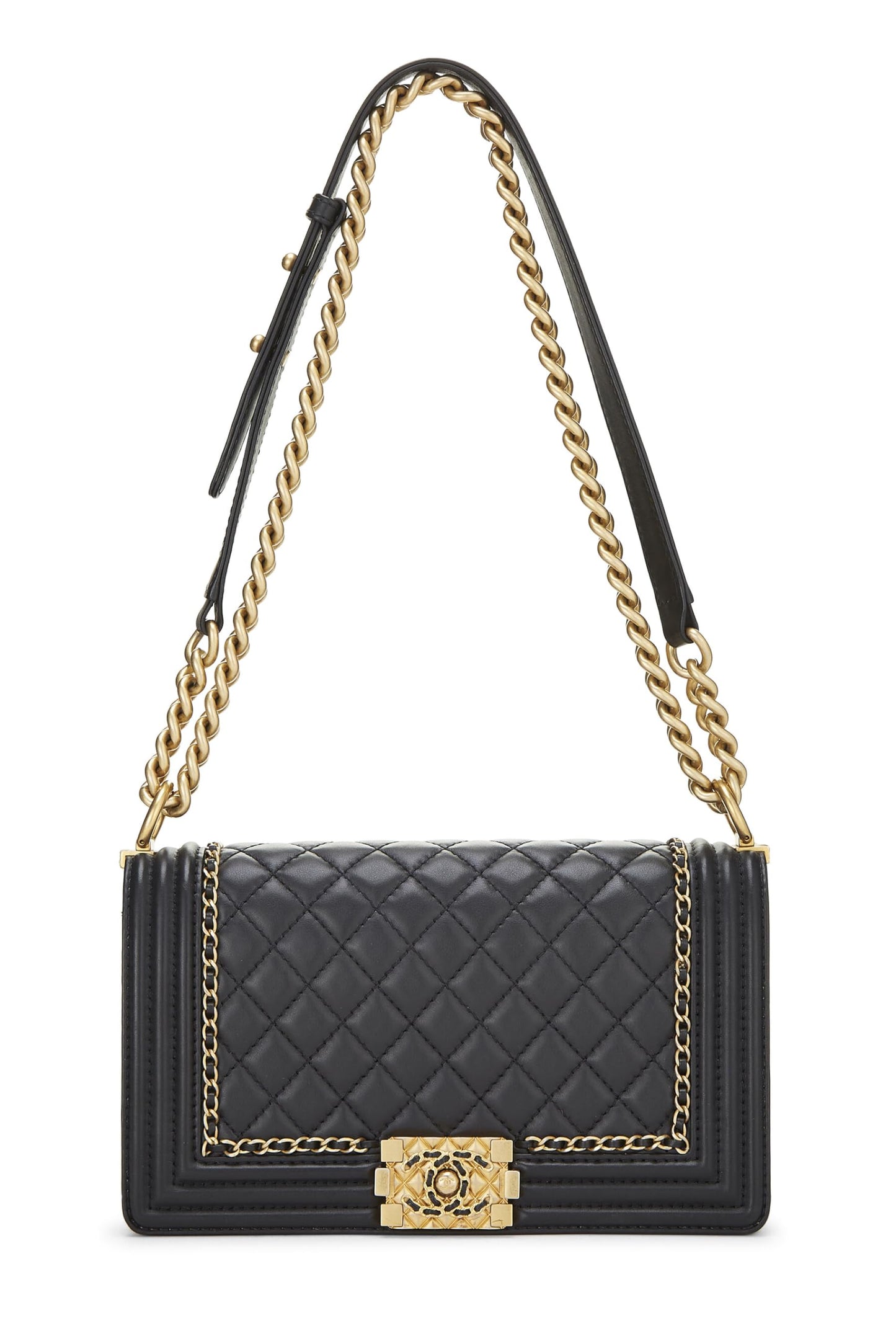 Chanel, sac à main Boy Medium en cuir d'agneau matelassé noir d'occasion avec chaîne, noir