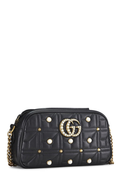 Gucci, Pre-Loved Black Leather & Faux Pearl GG Marmont Crossbody Small, Black