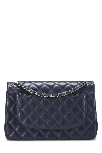 Chanel, sac à main jumbo à double rabat matelassé bleu marine, d'occasion, New Classic, bleu marine