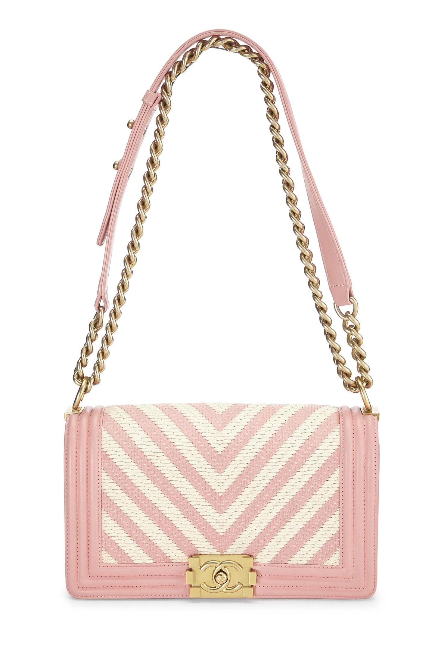 Chanel, Bolso chico mediano con chevron tejido en rosa y blanco Pre-Loved, Rosa