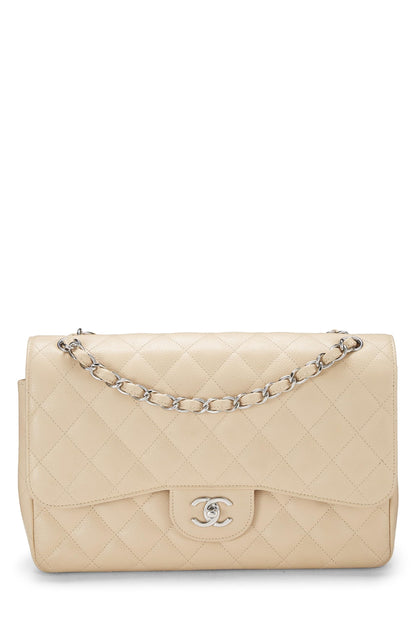 Chanel, Pre-Loved Beige Quilted Caviar New Classic Double Flap Jumbo, Beige