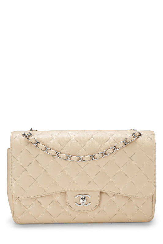 Chanel, Pre-Loved Beige Quilted Caviar New Classic Double Flap Jumbo, Beige