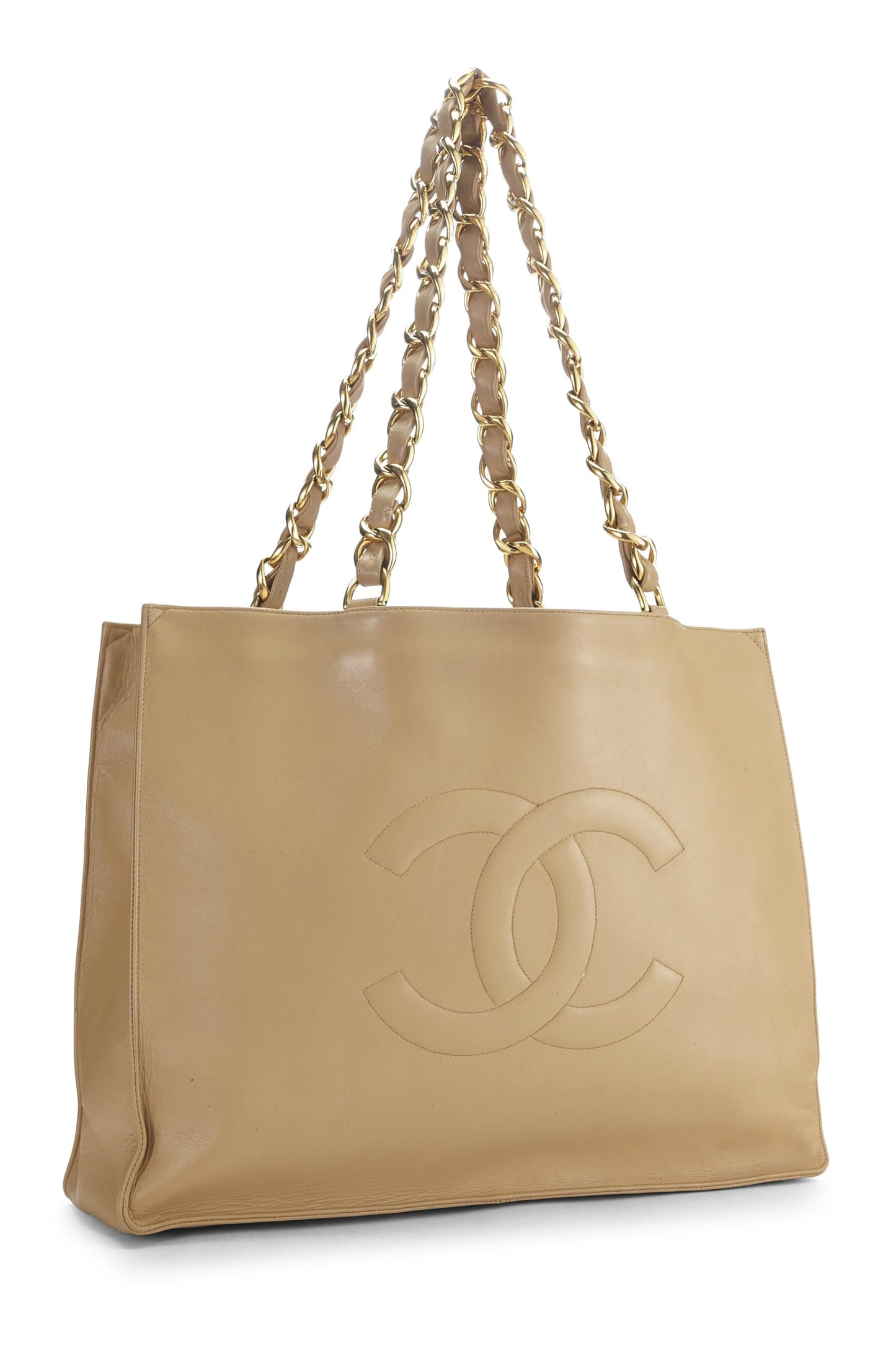 Chanel, sac fourre-tout en cuir d'agneau beige avec poignée en chaîne plate, beige