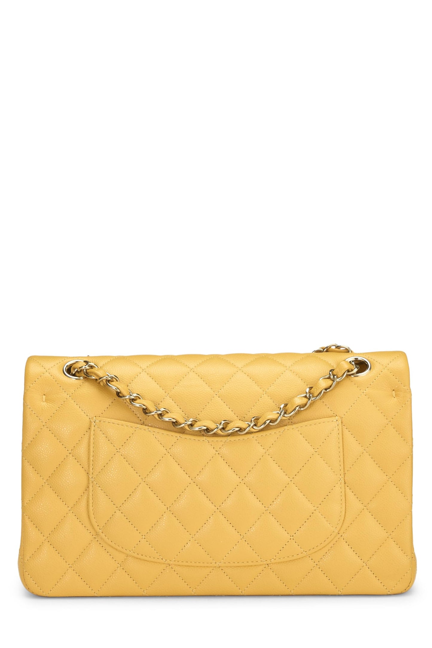 Chanel, sac à main matelassé jaune à double rabat classique de taille moyenne, jaune