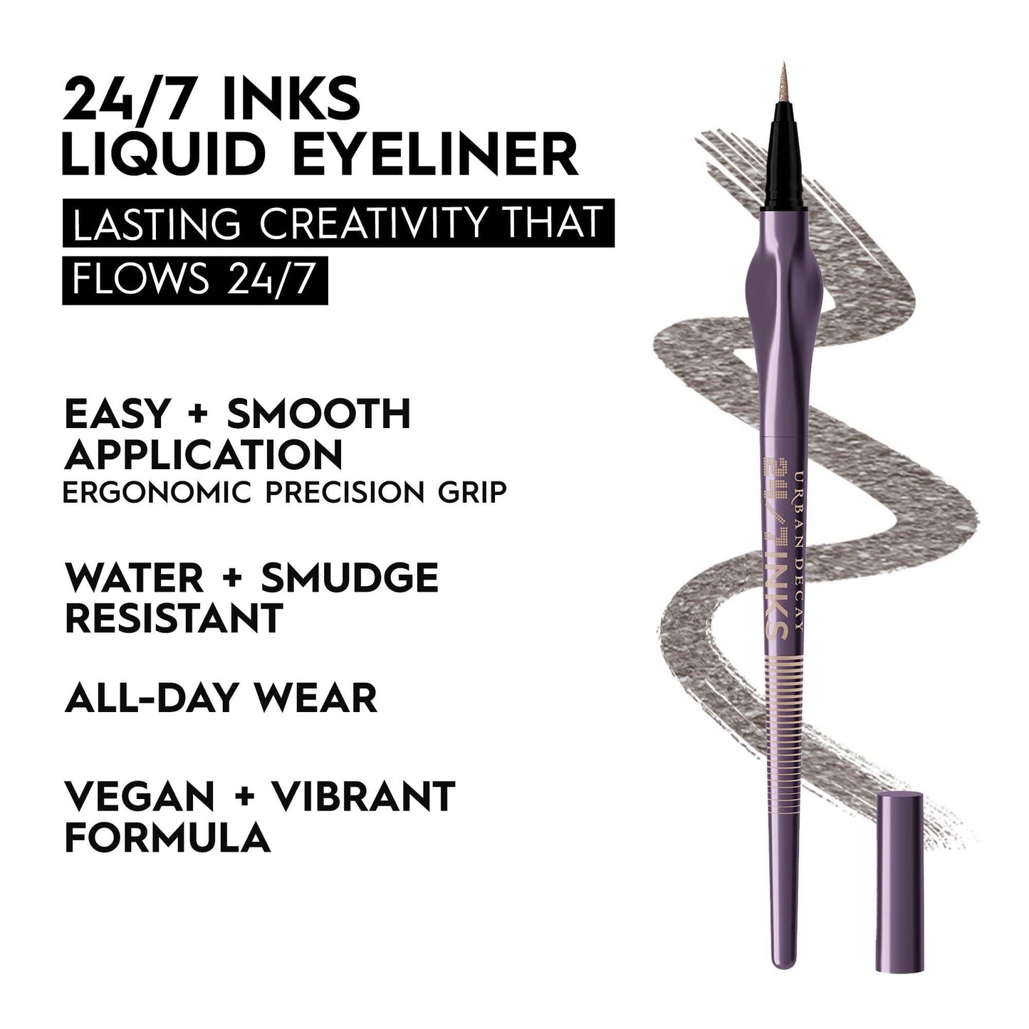 Stylo eye-liner liquide URBAN DECAY 24/7 Inks (Oil Slick - Gunmetal Shimmer, Eye-liner à pointe pinceau), résistant à l'eau, résistant aux taches, ligneur aux couleurs vives, poignée de précision ergonomique, végétalien - 0,01 fl oz