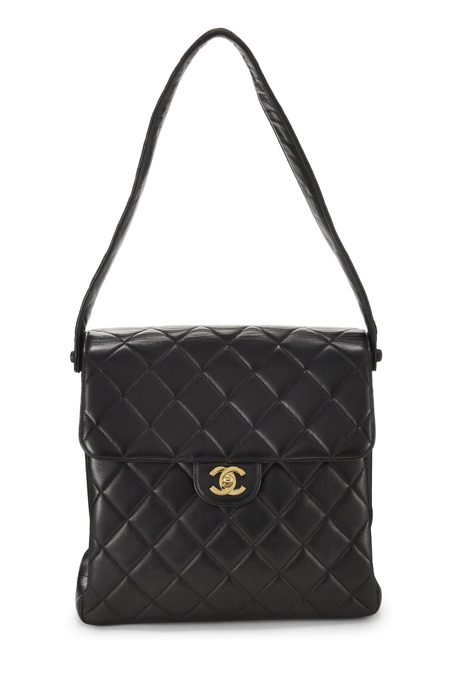 Chanel, Bolso alto con solapa de doble cara y piel de cordero acolchado en negro Pre-Loved, Negro