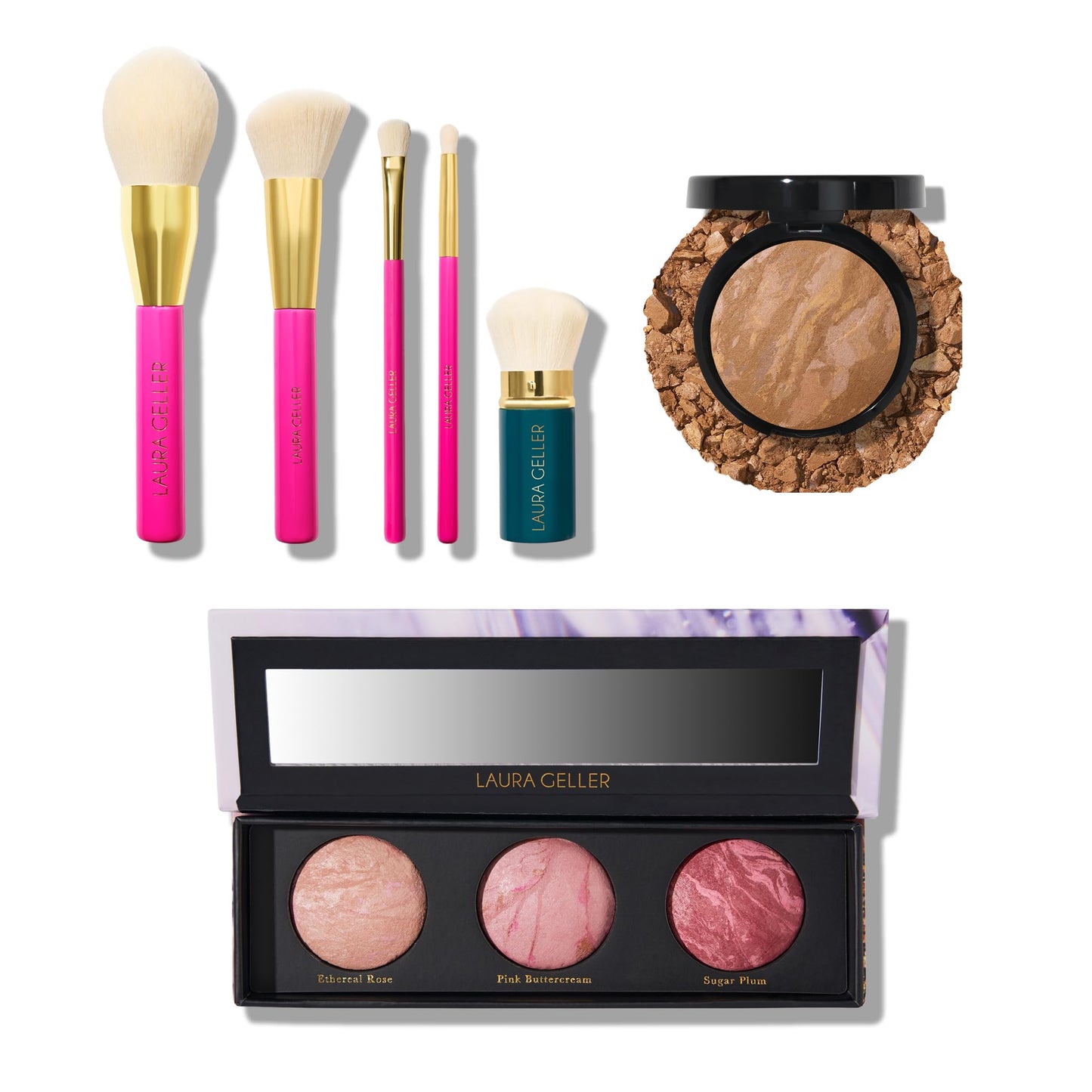 LAURA GELLER NEW YORK Baked Balance-n-Brighten Powder Foundation, Sand + Geller's Greatest Brush Trio + 5pc Full Face Makeup Brush Set