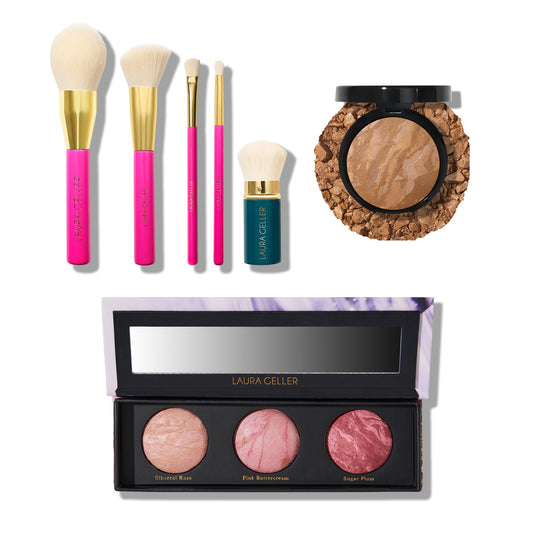 LAURA GELLER NEW YORK Baked Balance-n-Brighten Powder Foundation, Sand + Geller's Greatest Brush Trio + 5pc Full Face Makeup Brush Set