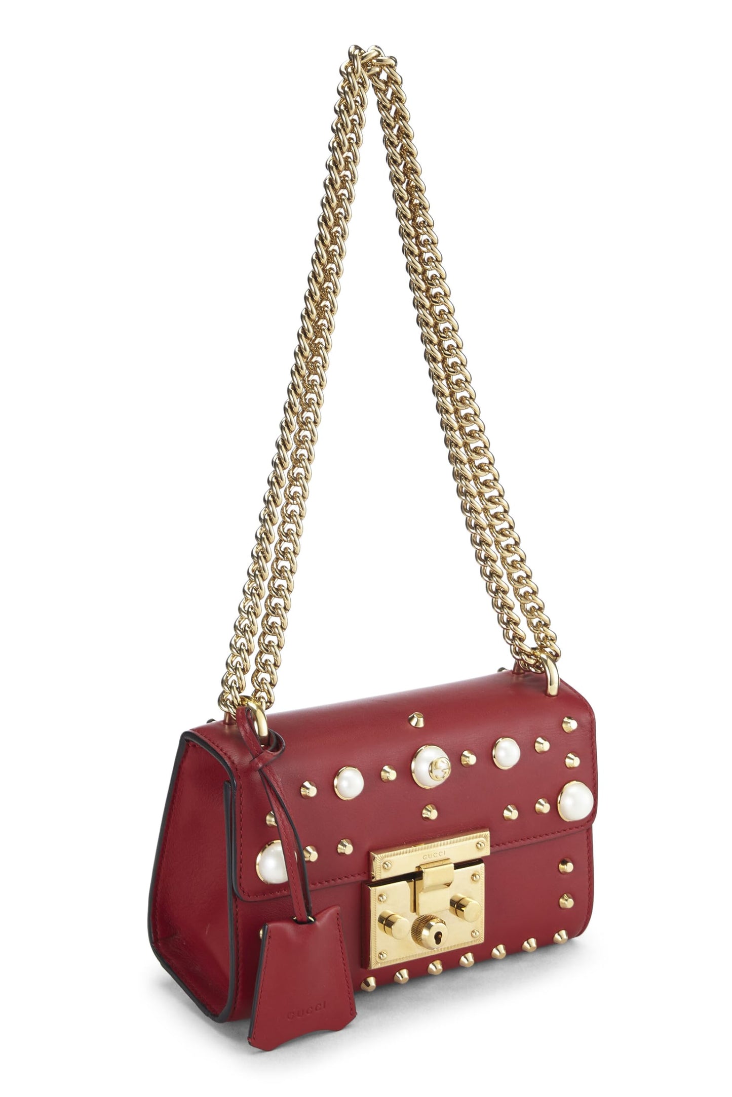 Gucci, Pre-Loved Red Leather Stud & Faux Pearl Padlock Shoulder Bag, Red