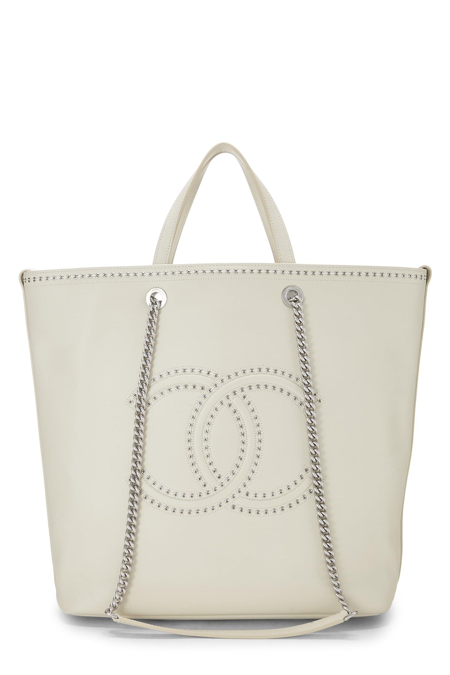 Chanel, Pre-Loved White Calfskin Coco Eyelet Shopping Tote Large, White