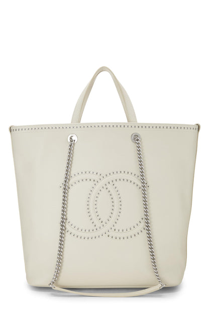 Chanel, Pre-Loved White Calfskin Coco Eyelet Shopping Tote Large, White