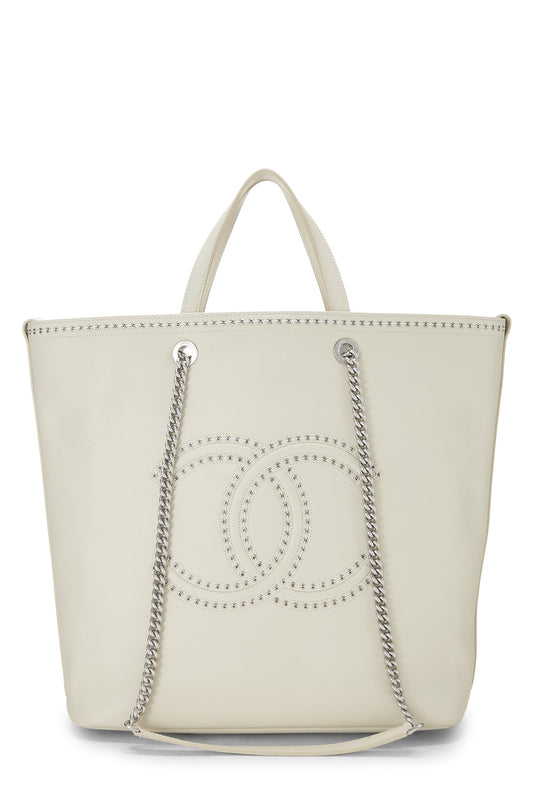 Chanel, Pre-Loved White Calfskin Coco Eyelet Shopping Tote Large, White