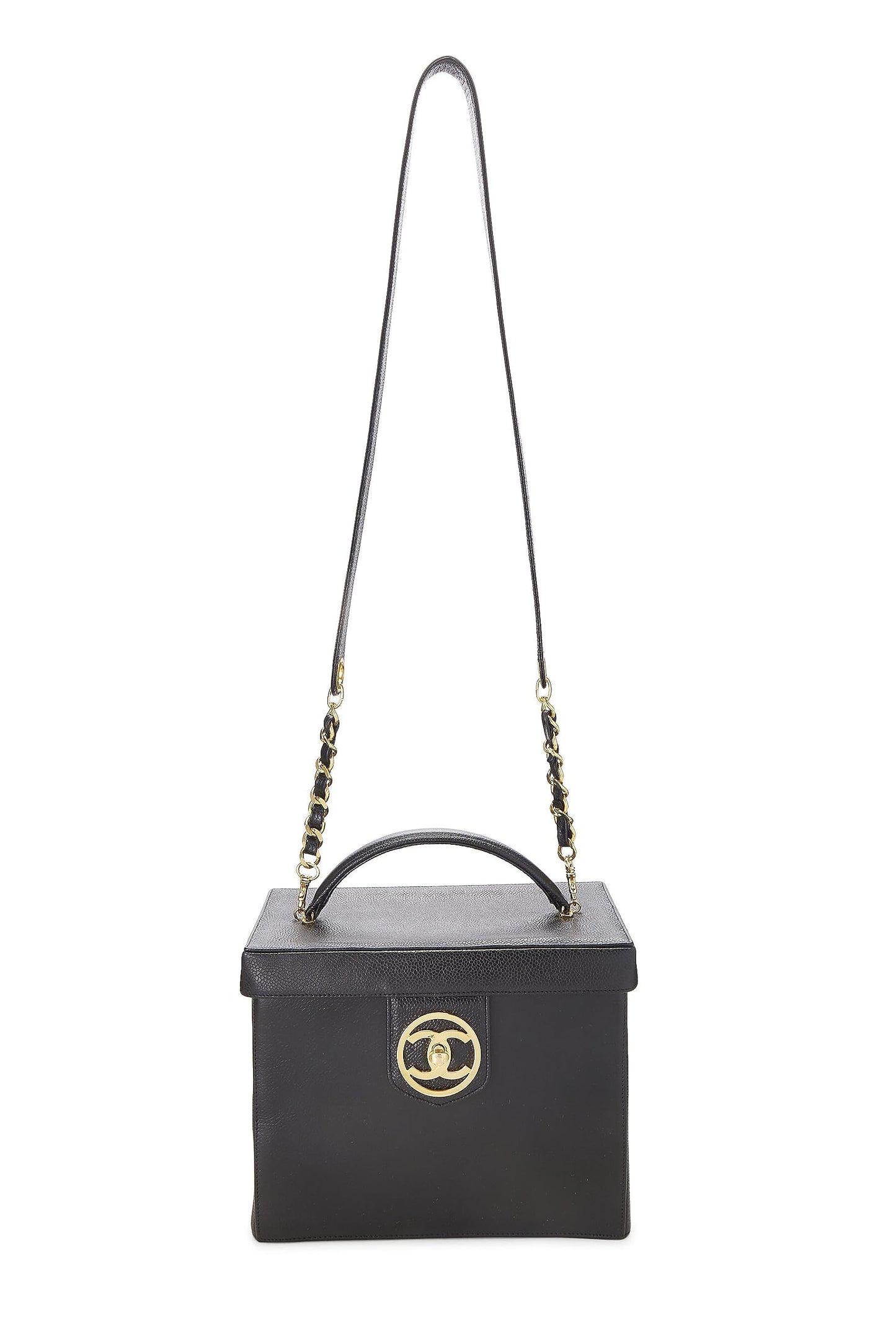 Chanel, trousse de toilette Black Caviar Circle 'CC' d'occasion, grande taille, noire