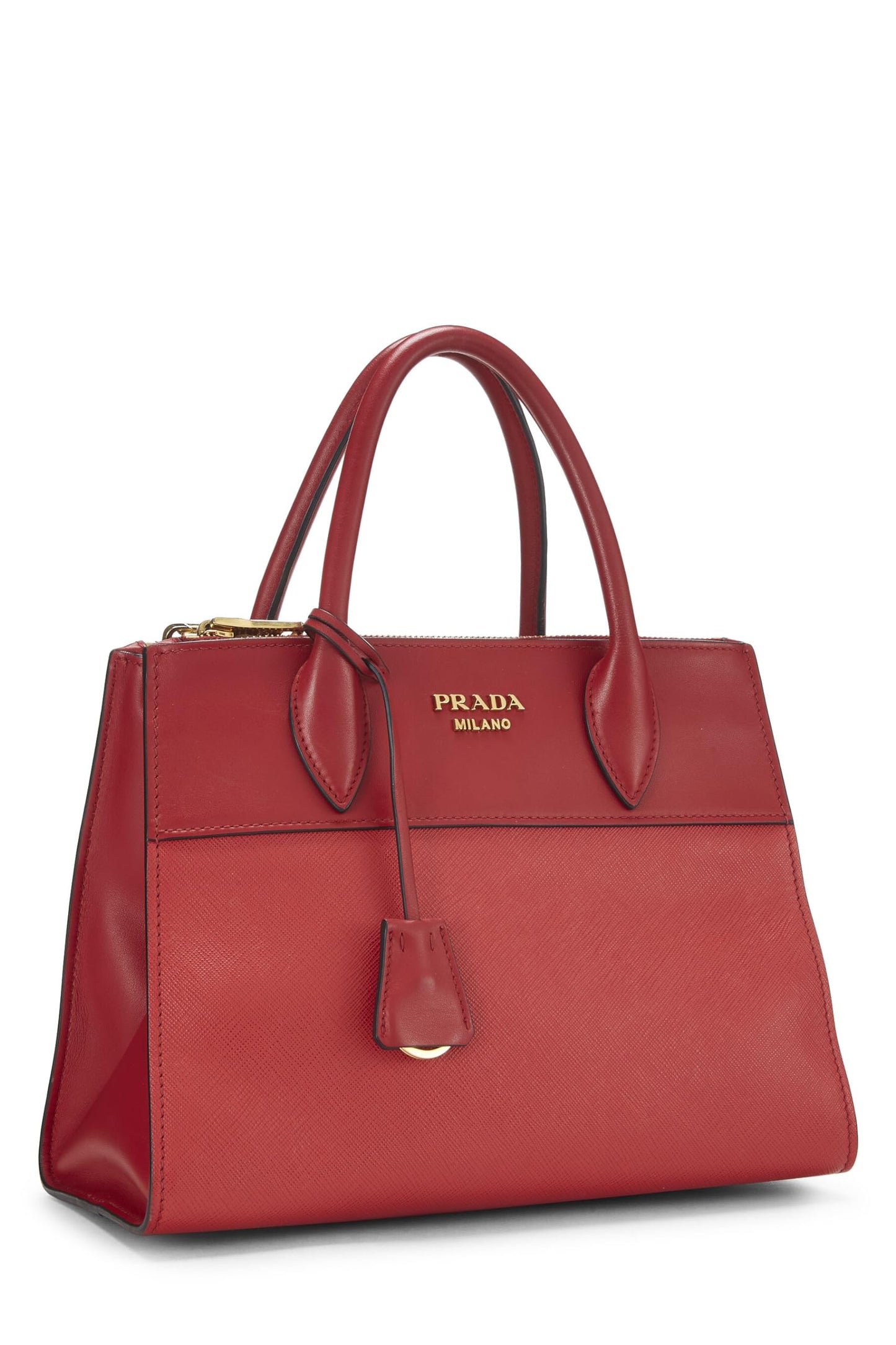 Prada, sac à bandoulière Paradigme City en cuir Saffiano rouge d'occasion, taille moyenne, rouge