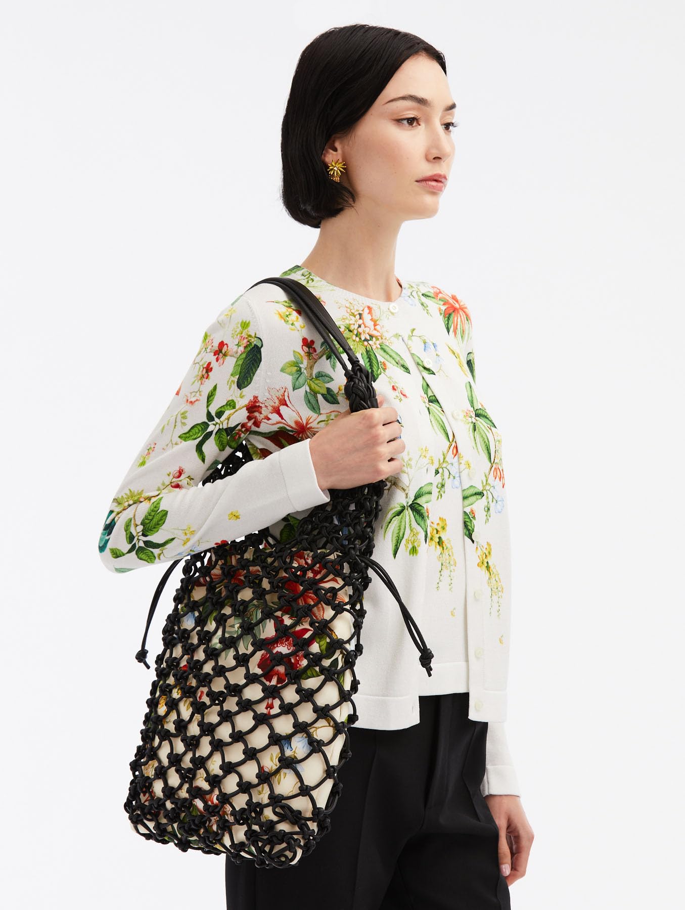 Grand sac fourre-tout en cuir noué Flora &amp; Fauna d'Oscar de la Renta, noir