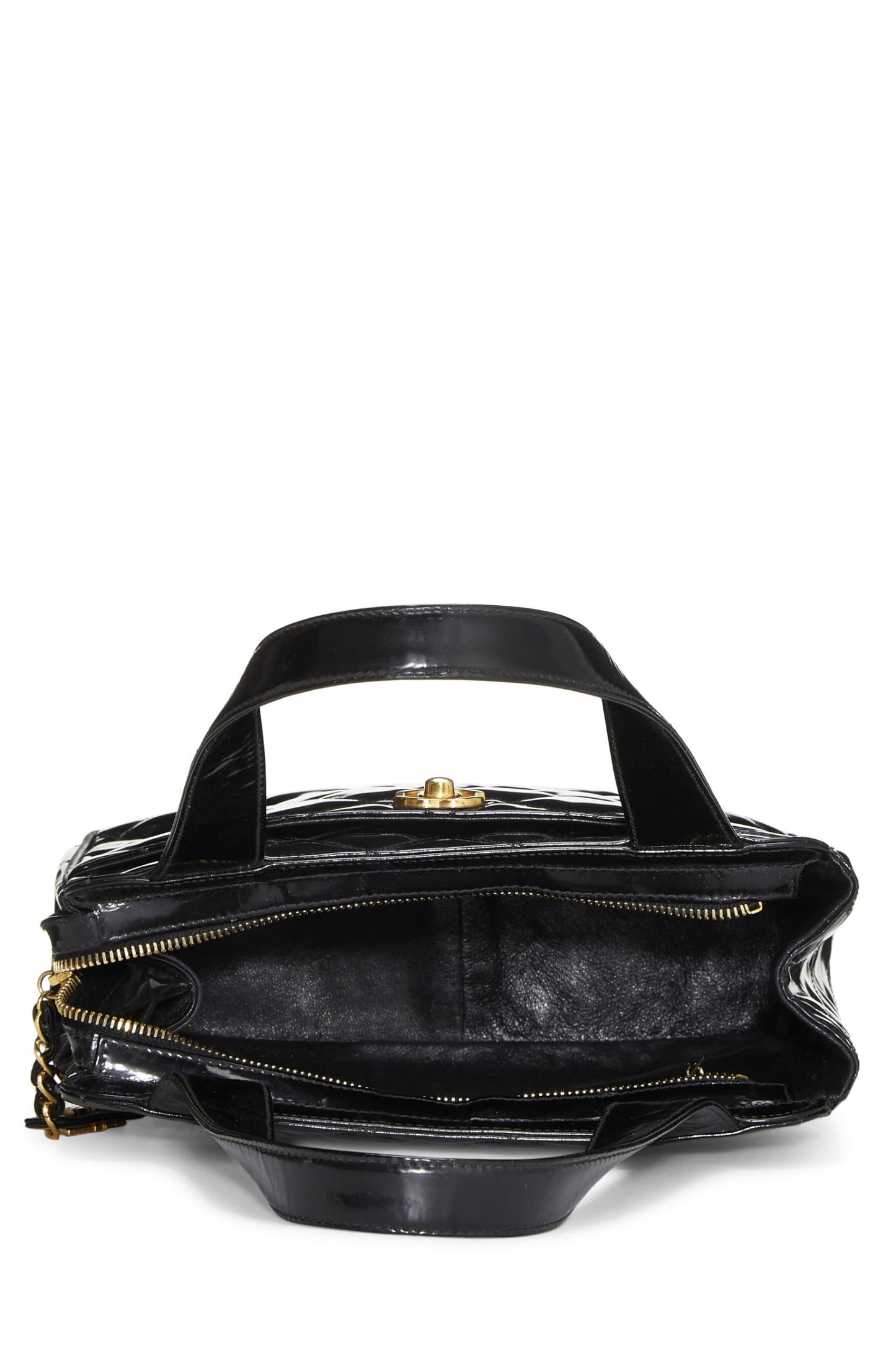 Chanel, sac à main en cuir verni matelassé noir d'occasion, petit modèle, noir