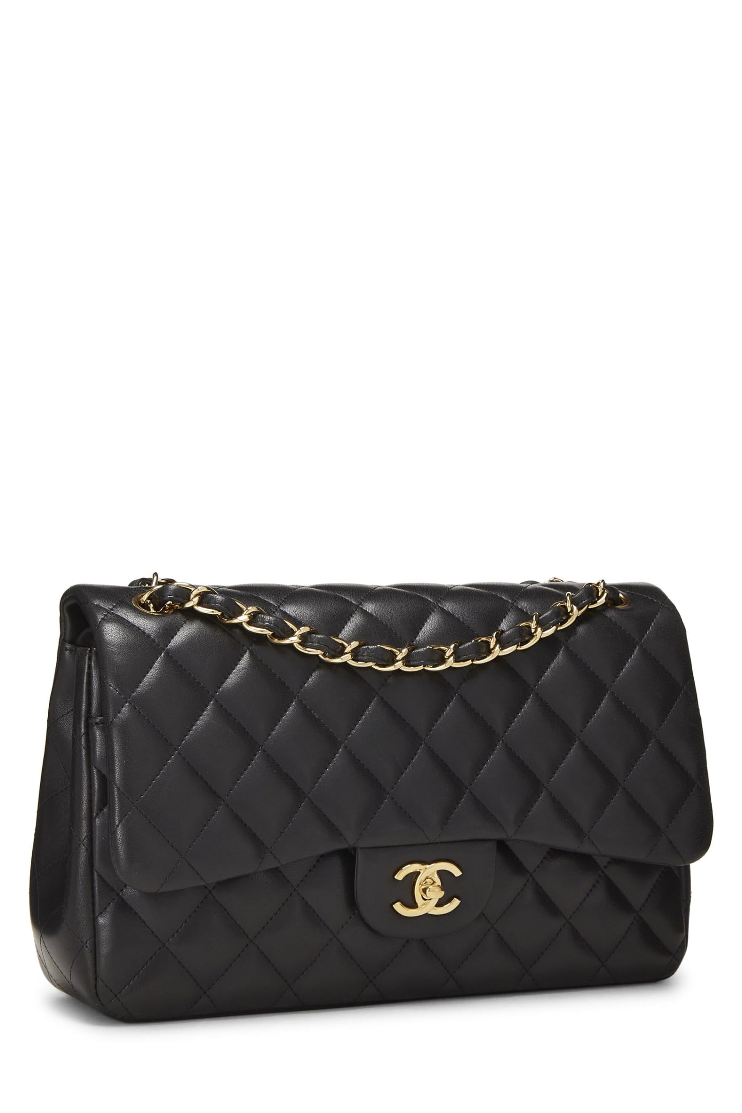 Chanel, Jumbo clásico con doble solapa y piel de cordero acolchada negra Pre-Loved, Negro