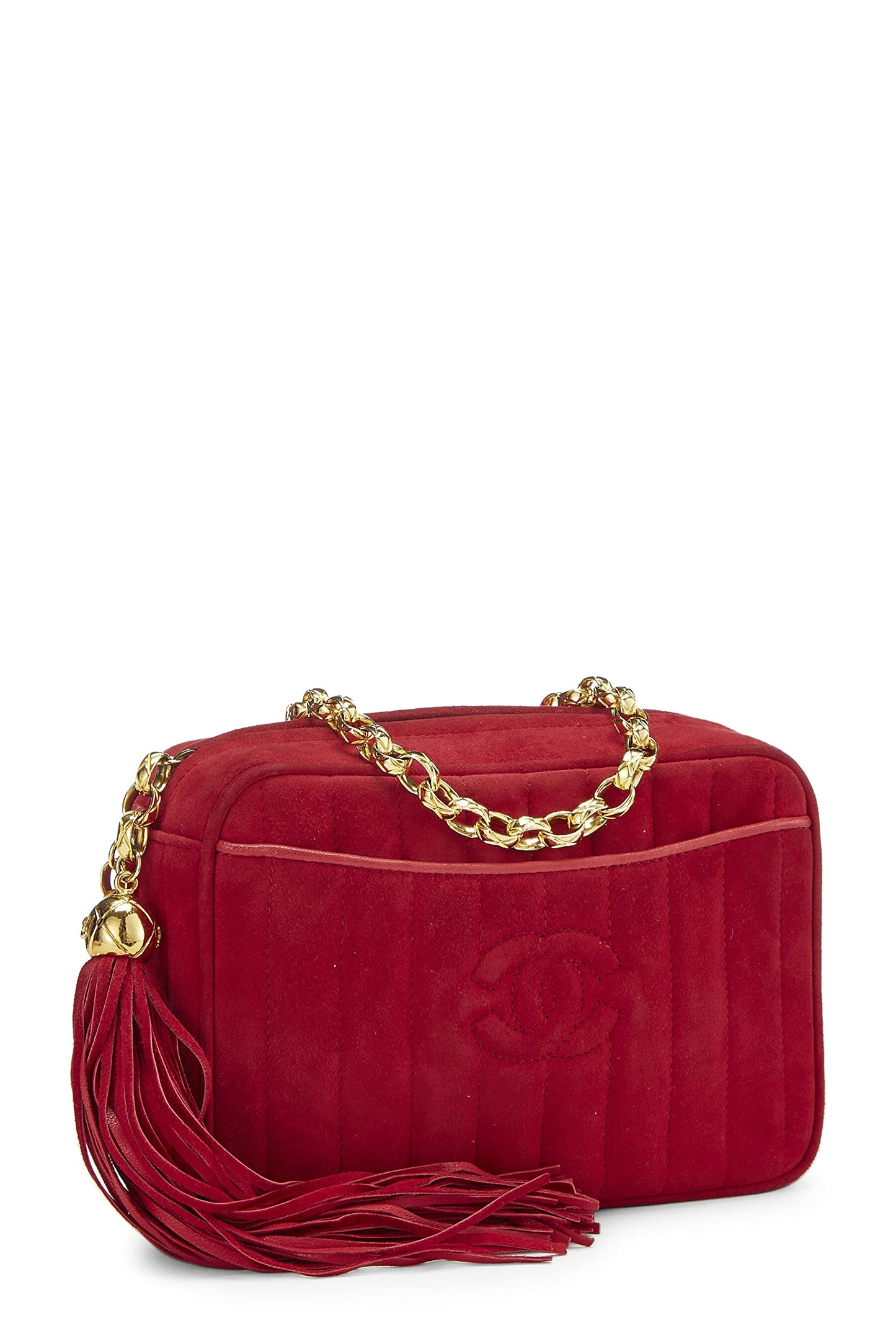 Chanel, Bolso pequeño para cámara con bolsillo vertical de ante rojo Pre-Loved , Rojo