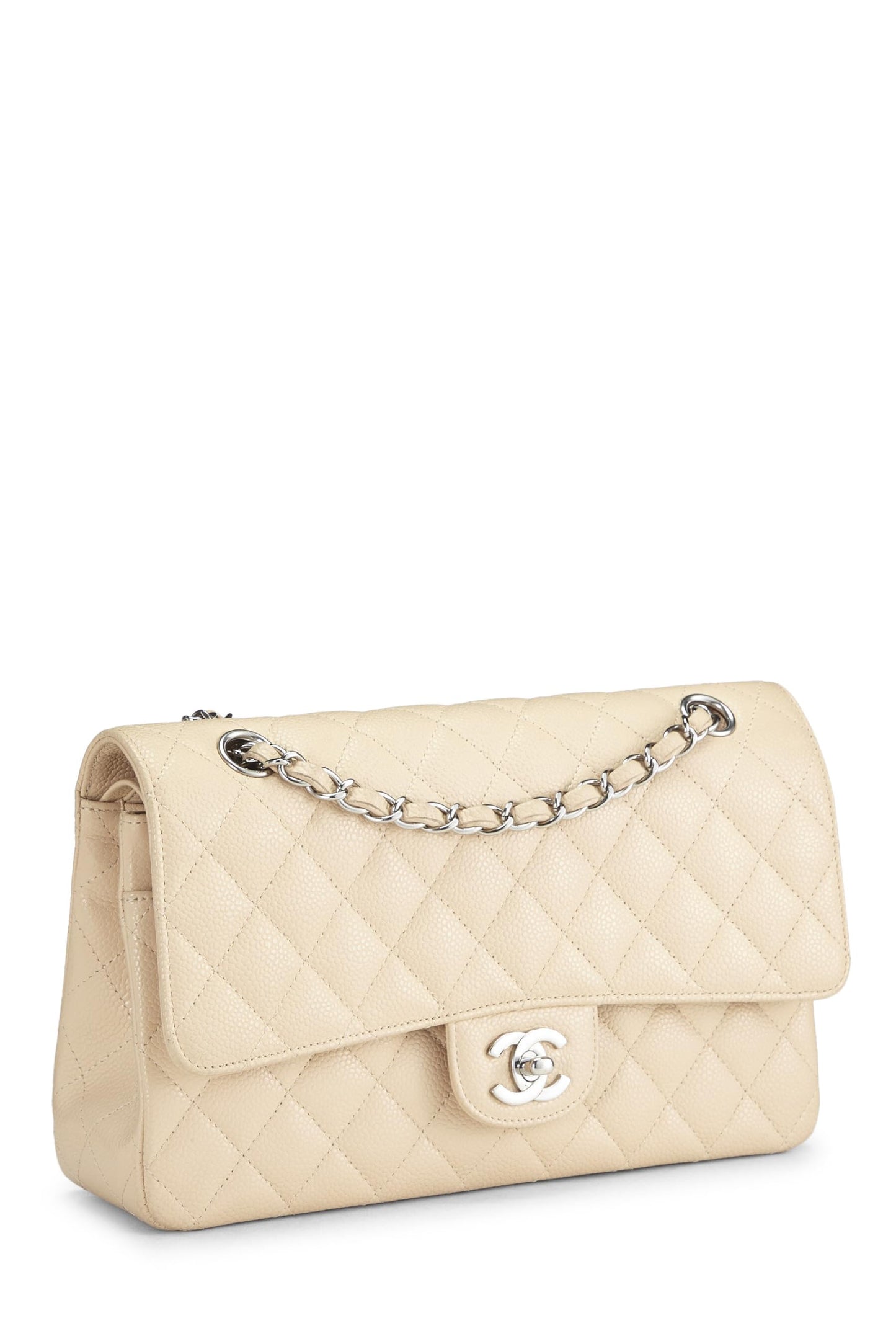 Chanel, sac à rabat double classique matelassé beige caviar d'occasion, taille M, beige